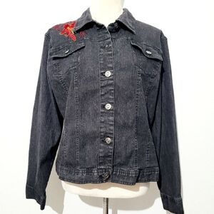 Ruby Rd. Women's Black Denim Jacket Size 16 Floral Embroidered Shoulder Stretch